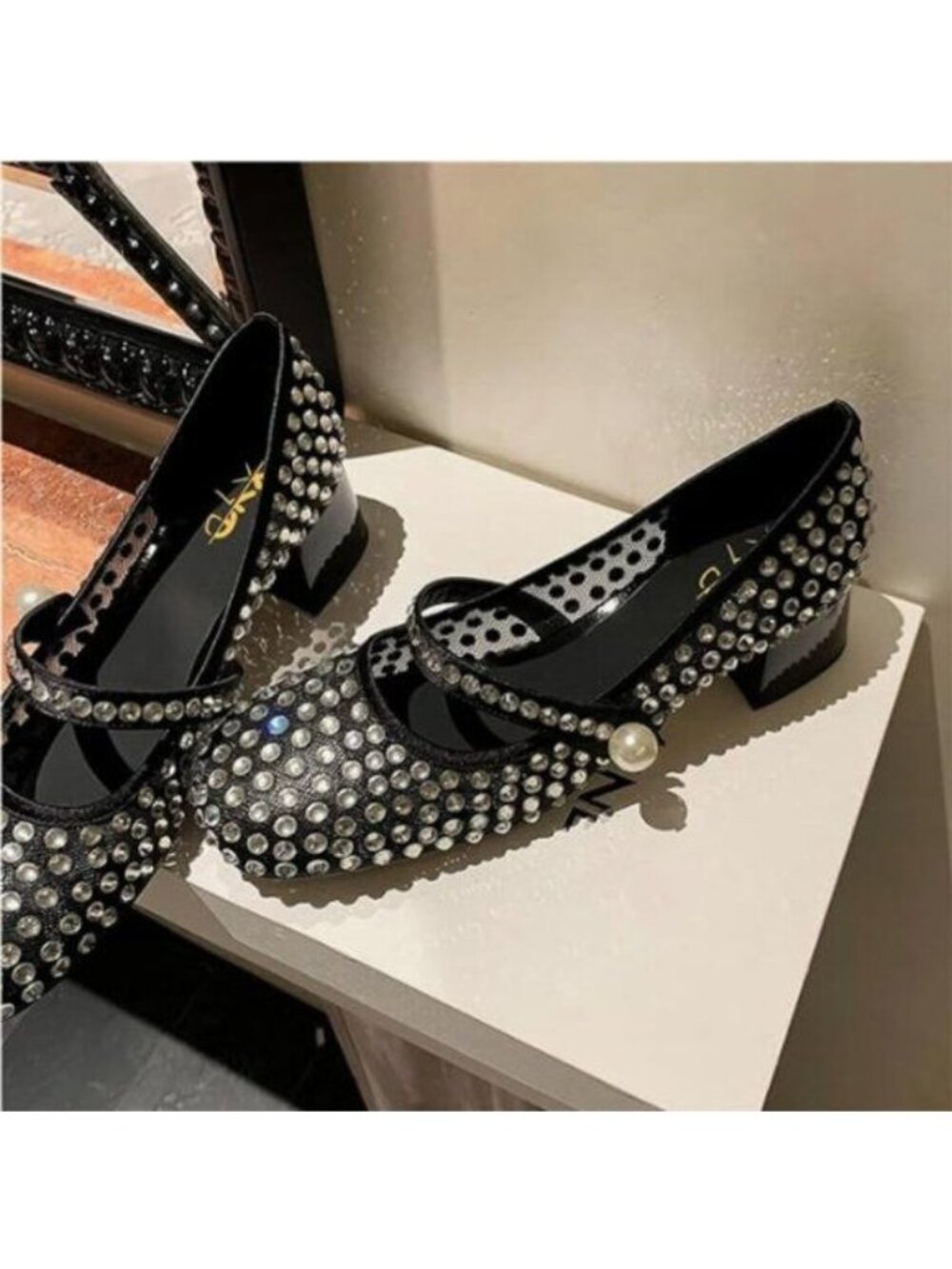 XYD Black Girls Chunky Heels Mesh Pump Mary Jane Rhinestone Studs Round Toe Shoe